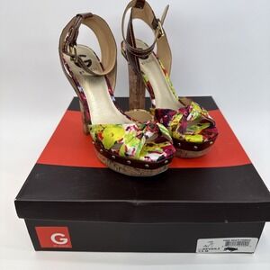 Guess Revail2 Pink Multi Color Floral Sandals Cork Heels Leather StrapSize 7.5 M